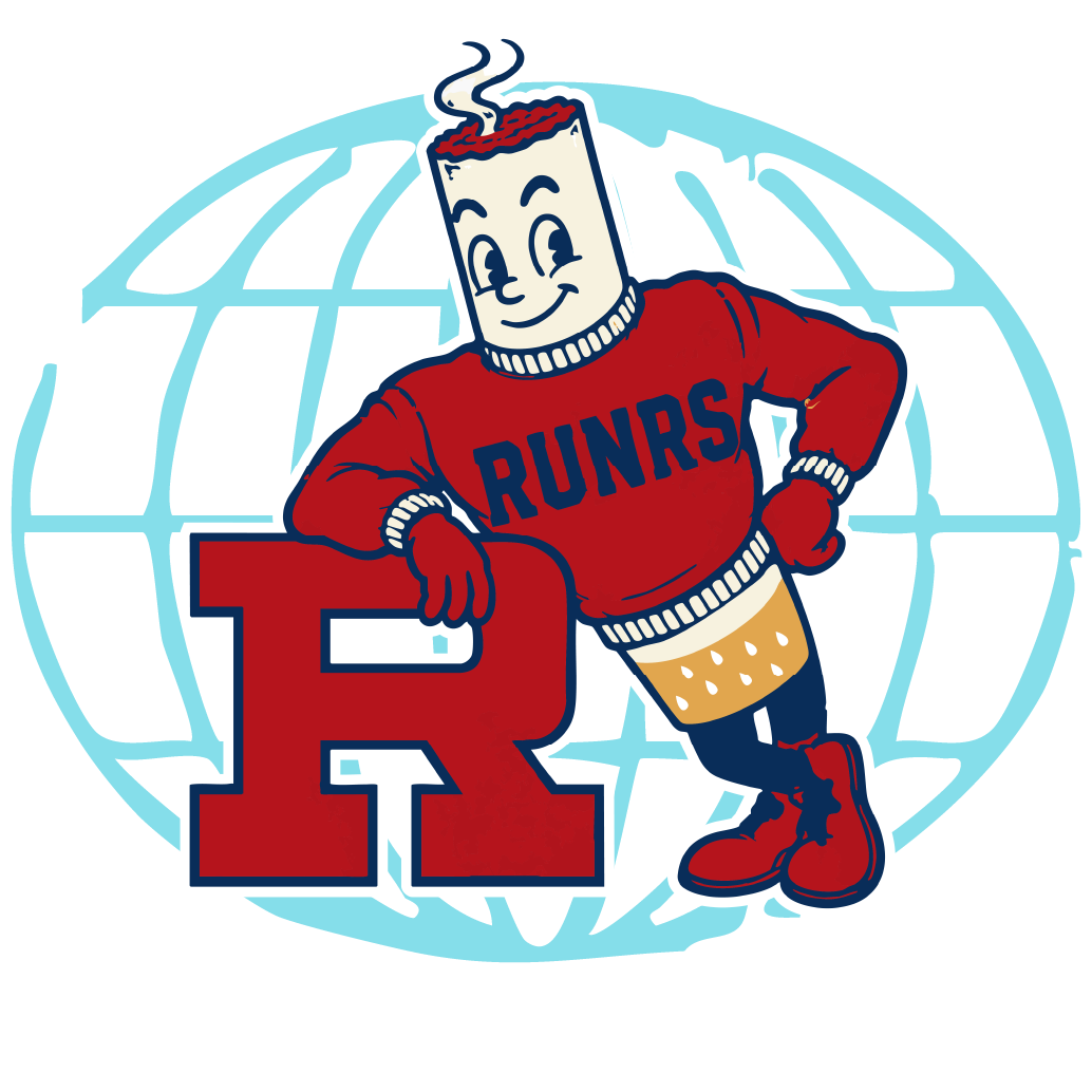 RUNRS world graphic — letterman mascot leaning on an R in front of a globe