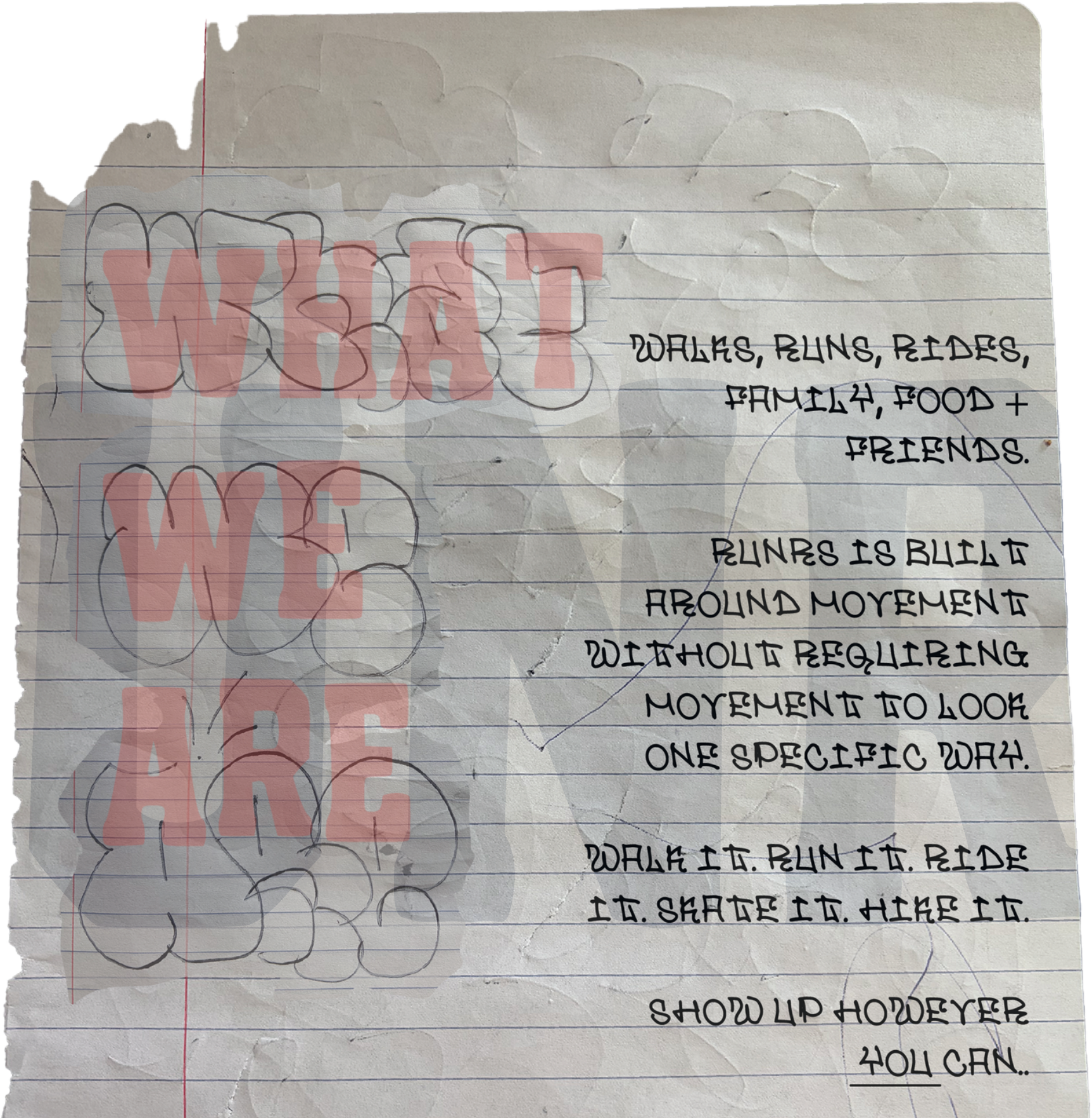WHAT WE ARE — torn notebook page from the RUNRS deck